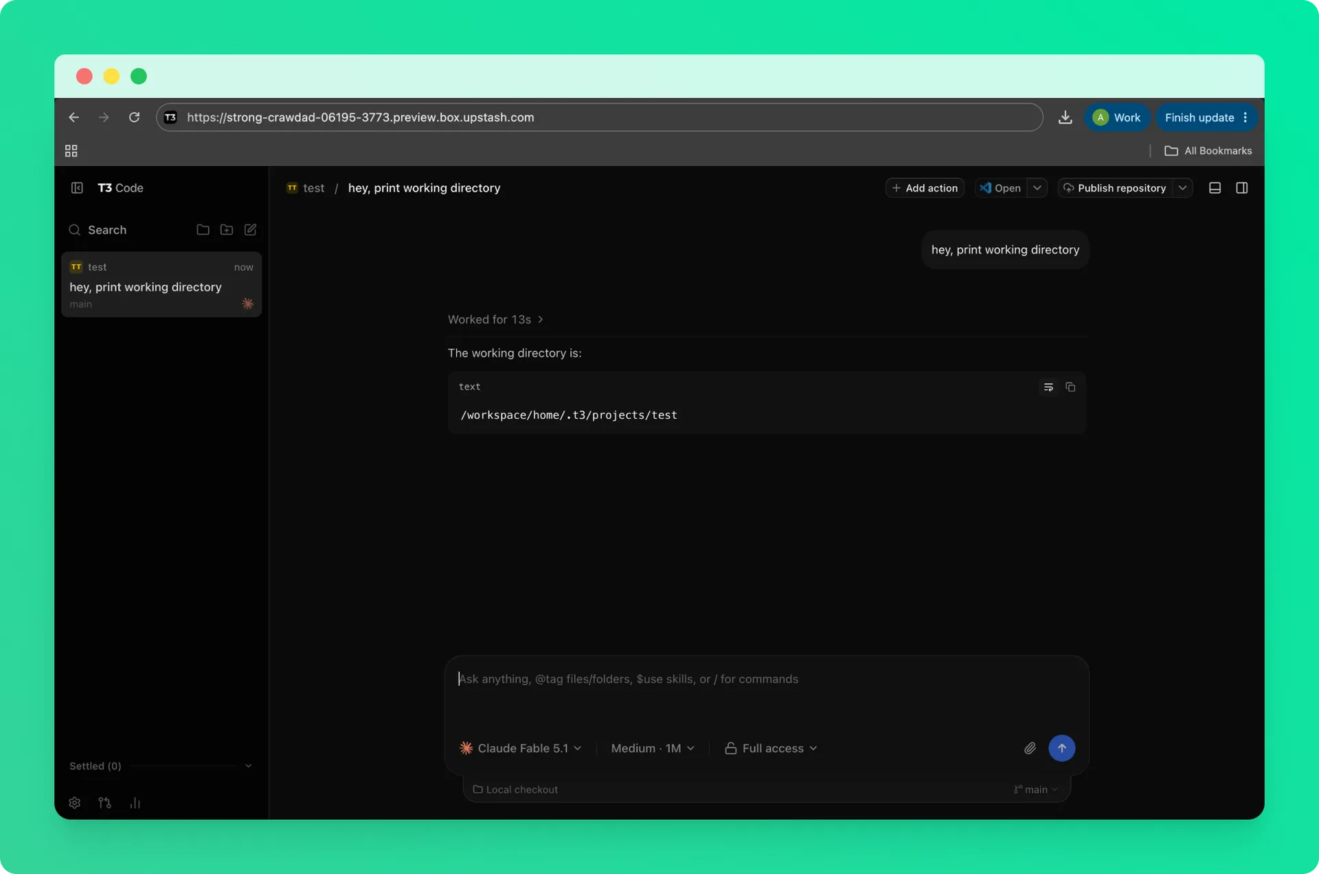 A thread running in T3 Code on an Upstash Box